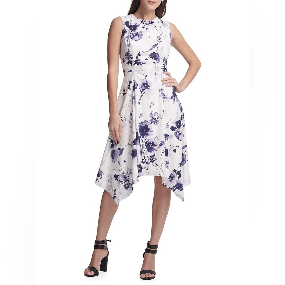 EUC DKNY White & Purple Floral Handkerchief Hem Fit-&-Flare Dress - Picture 3 of 16